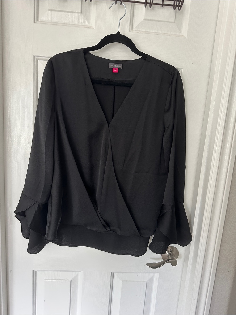 Vince Camuto Black Surplice Blouse with Tiered Bell Sleeves